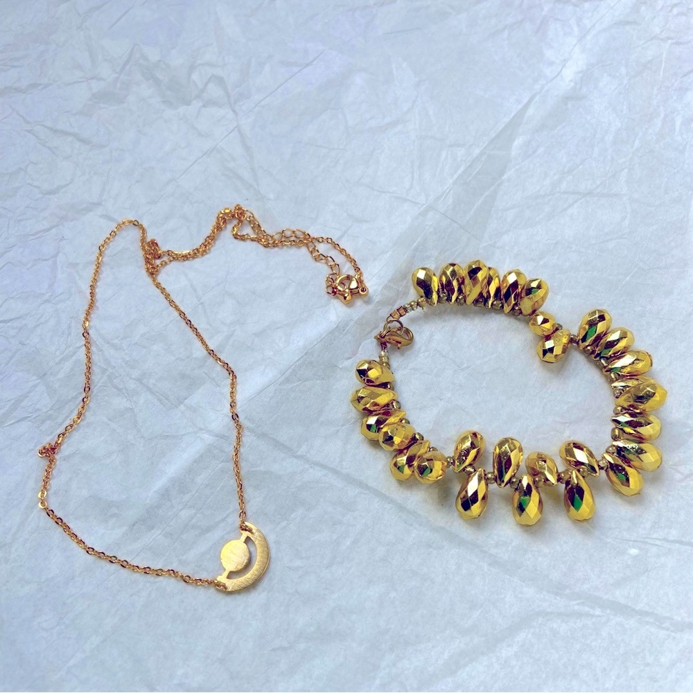 Sun & Moon Gold Necklace & Tear Drop Bracelet